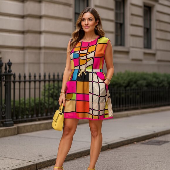 Colorful Geometric Print Pocket Dress M Bold Statement Sleeveless Mini Dress - Picture 1 of 4